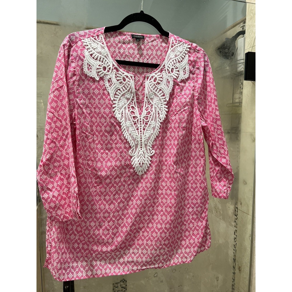 Talbots Womens Pink White Trellis Print Crochet Trim V-Neck Blouse Top Large